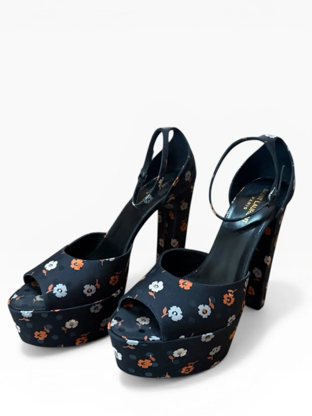 Saint Laurent Jodie 125 Floral Platform Heels Sandals in Black Silk EU 40 US 10 - Picture 8 of 16